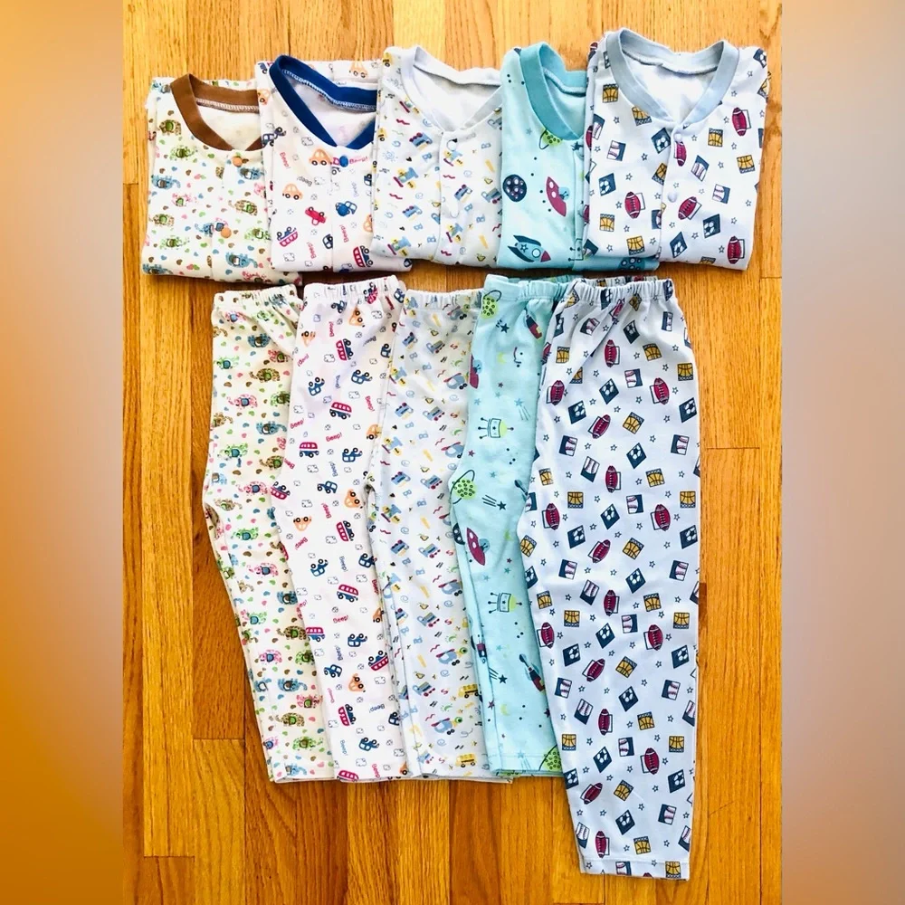 A set of 5 pairs kids pajamas - animal, vehicle & sport prints size 4
